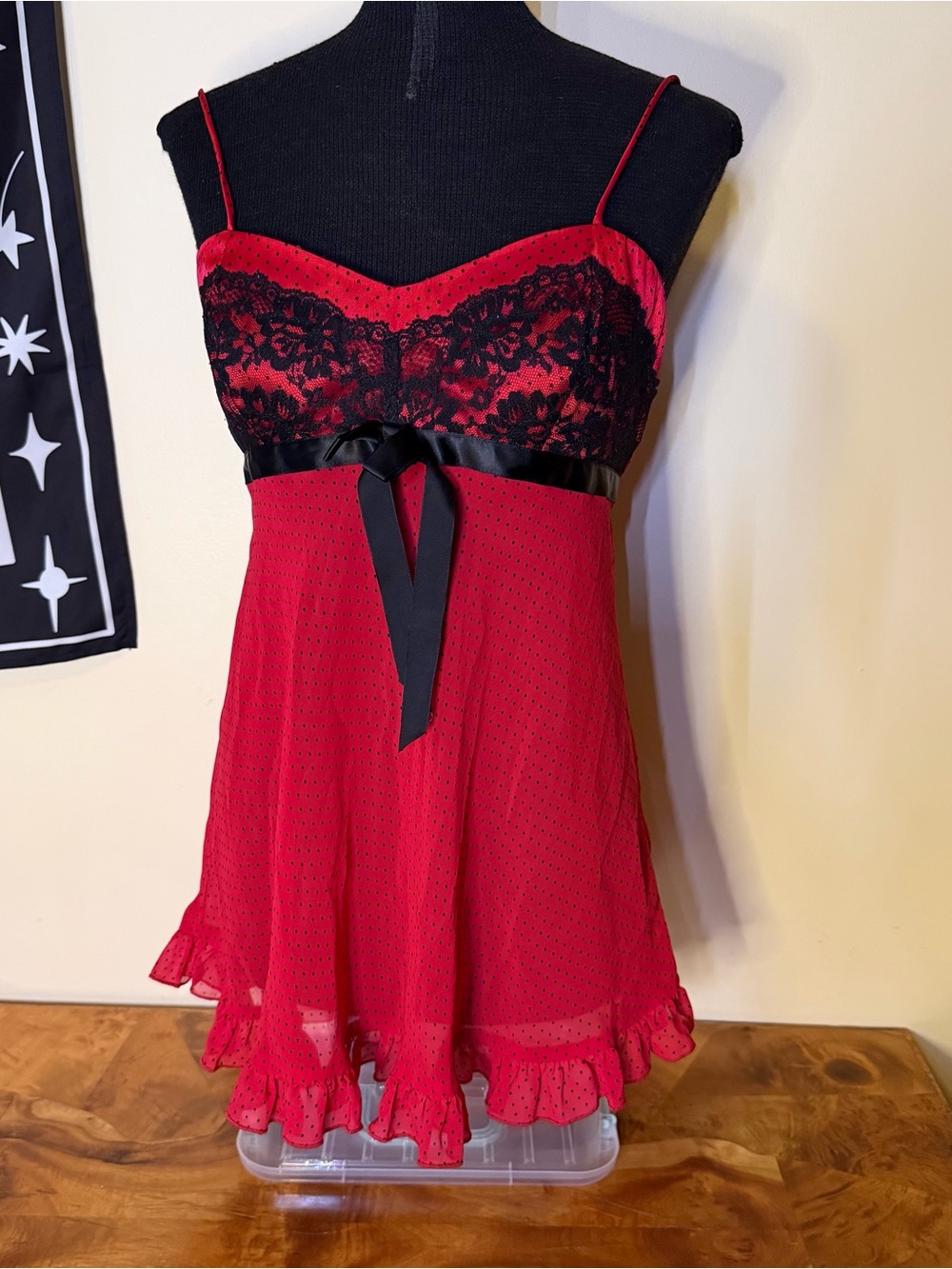 Vintage California Dynasty S Babydoll Slip Dress Red Black Polka Dot Coquette